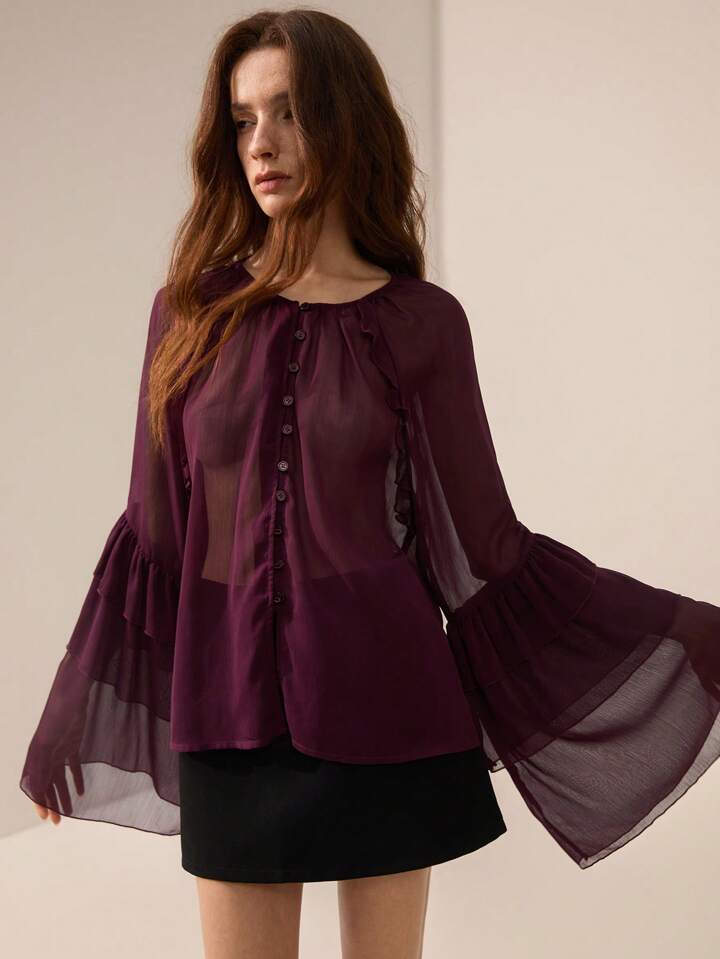 CM-TS850216 Women Elegant Seoul Style Chiffon Crinkle Round Neck Button Front Layered Ruffled Long Sleeve Blouse