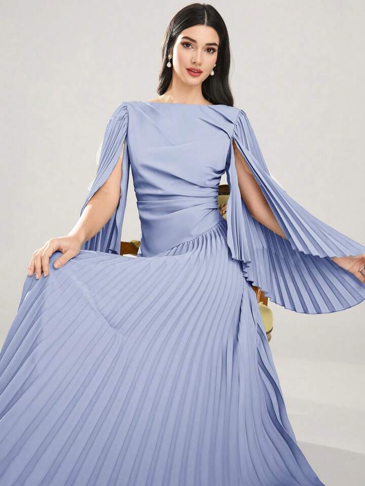 CM-DS986626 Women Elegant Seoul Style Round Neck Long Sleeve Asymmetrical Pleated Dress - Blue