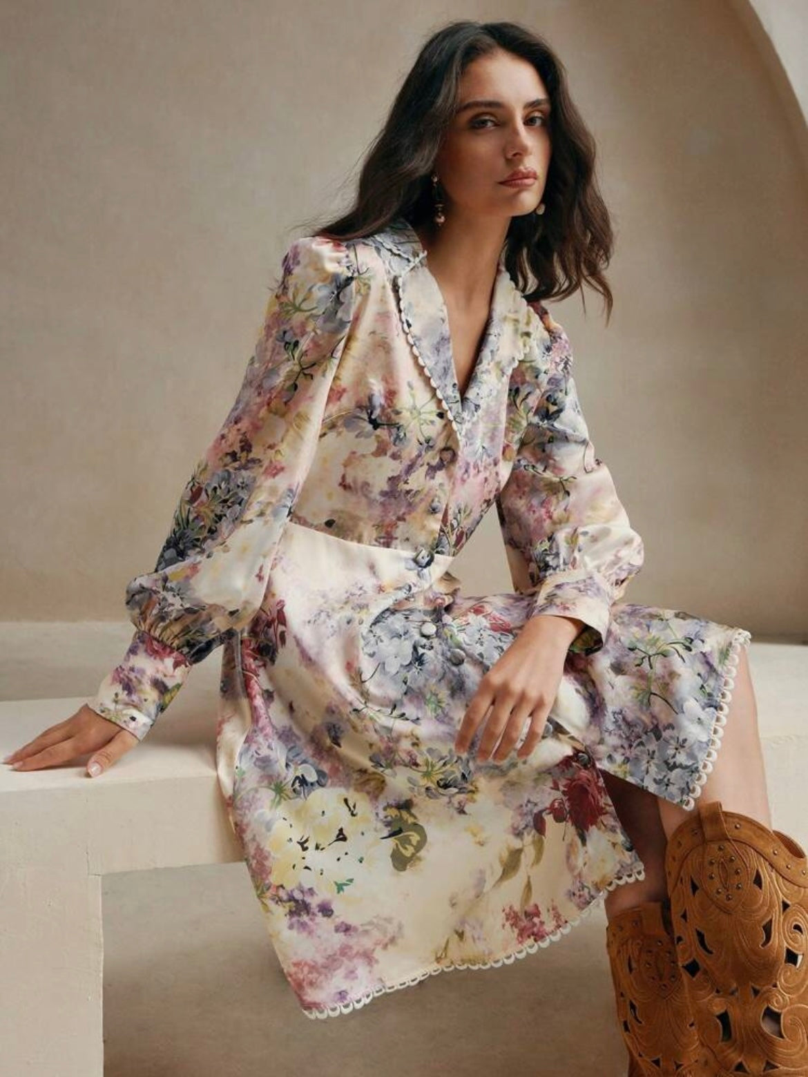 CM-DS404840 Women Trendy Bohemian Style V-Neck Long Sleeve All-Over Floral Print Lantern Sleeve Dress