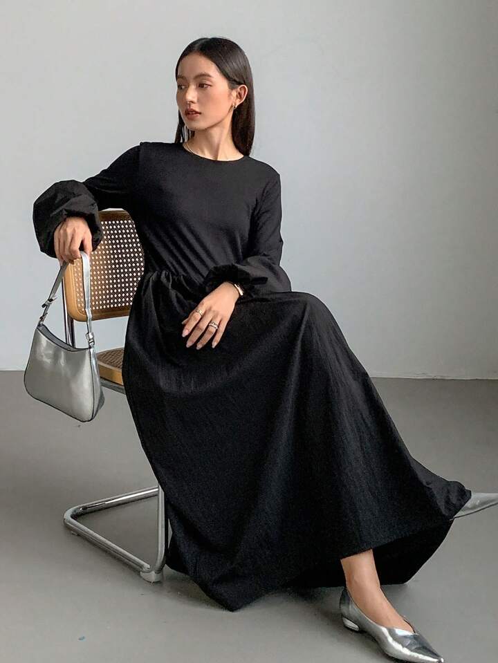 CM-DS465431 Women Casual Seoul Style Solid Color Round Neck Long Flare Sleeve Dress - Black