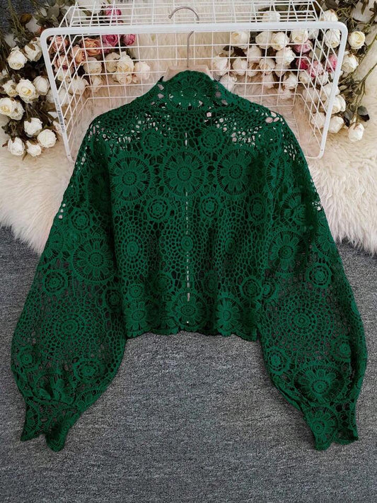 CM-TS166566 Women Casual Seoul Style Floral Lace Hollow Zipper Front Long Sleeve Blouse - Dark Green