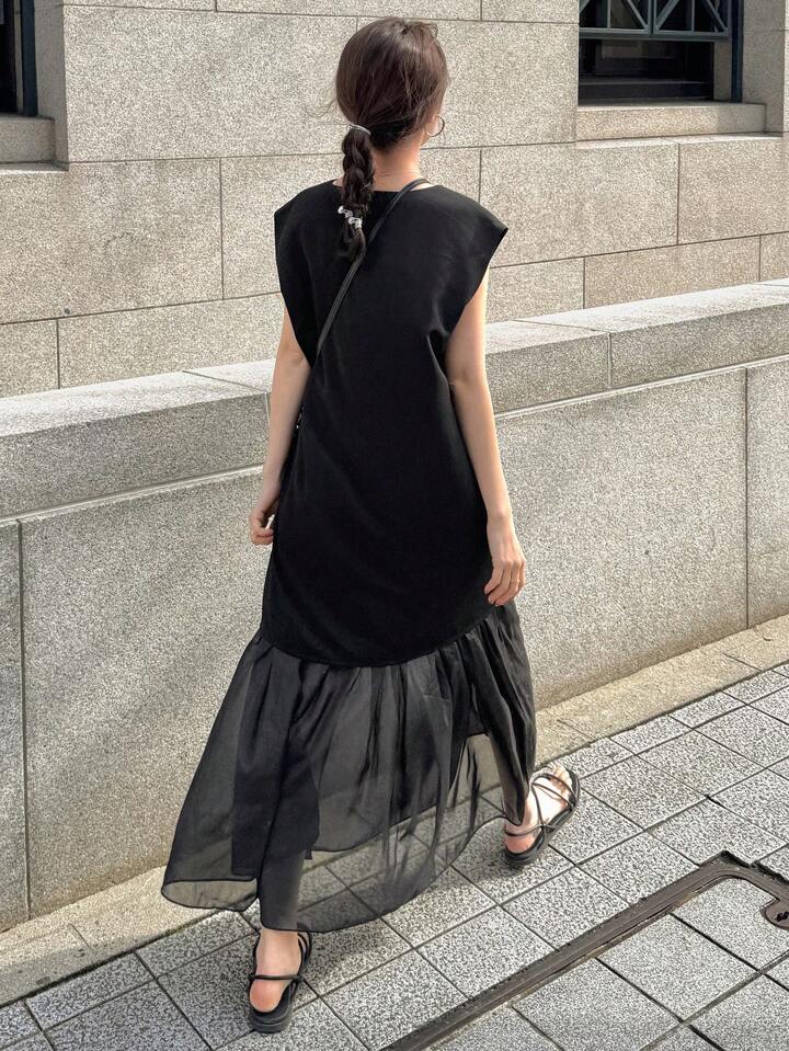 CM-DS198578 Women Casual Seoul Style Round Neck Sleeveless Mesh Patchwork Dress - Black