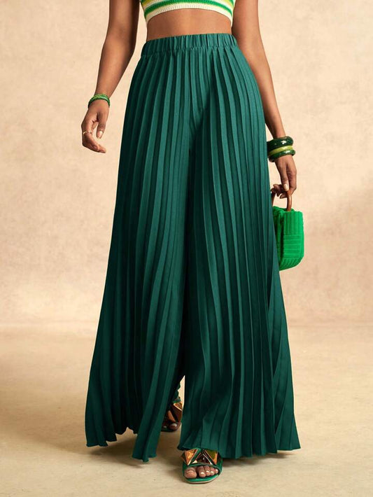 CM-BS879466 Women Elegant Seoul Style Elastic Waist Pleated Extra-Long Wide-Leg Pants - Dark Green