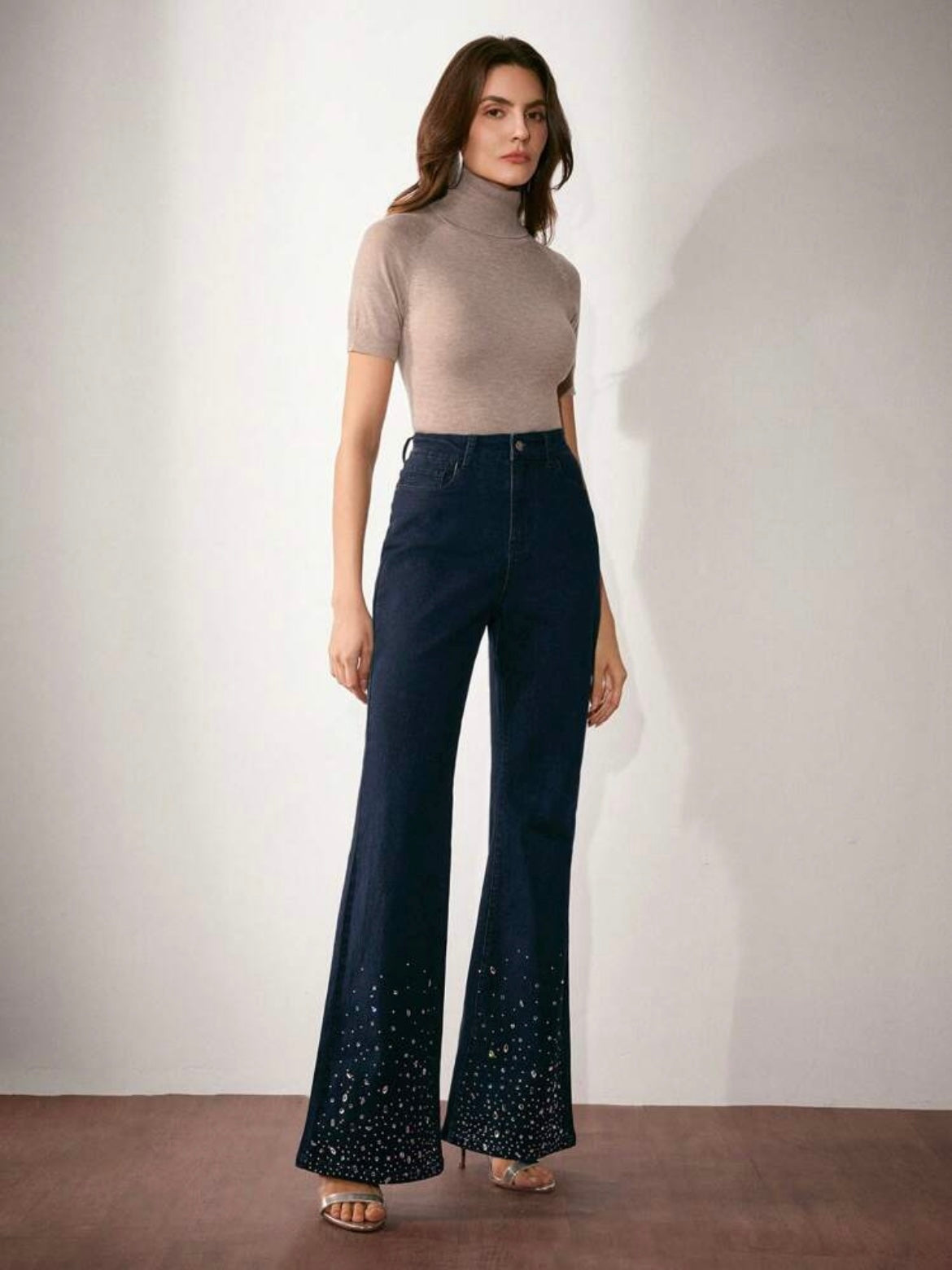 CM-BS500540 Women Casual Seoul Style High Waist Slim Fit Rhinestone Embellished Flare Leg Jeans