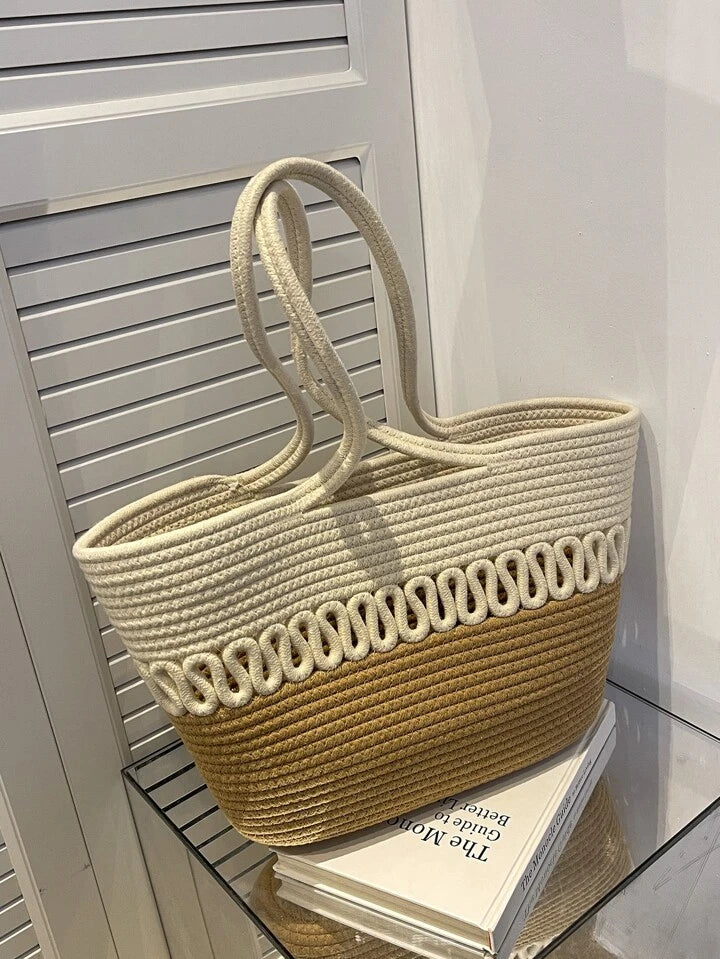 CM-BGS424821 Women Trendy Seoul Style Double Handle Colorblock Beach Bag