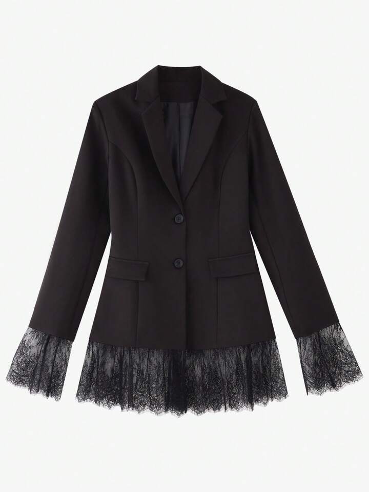 CM-CS055860 Women Elegant Seoul Style Solid Color Pocket Lace Patchwork Button Waist Blazer Jacket - Black