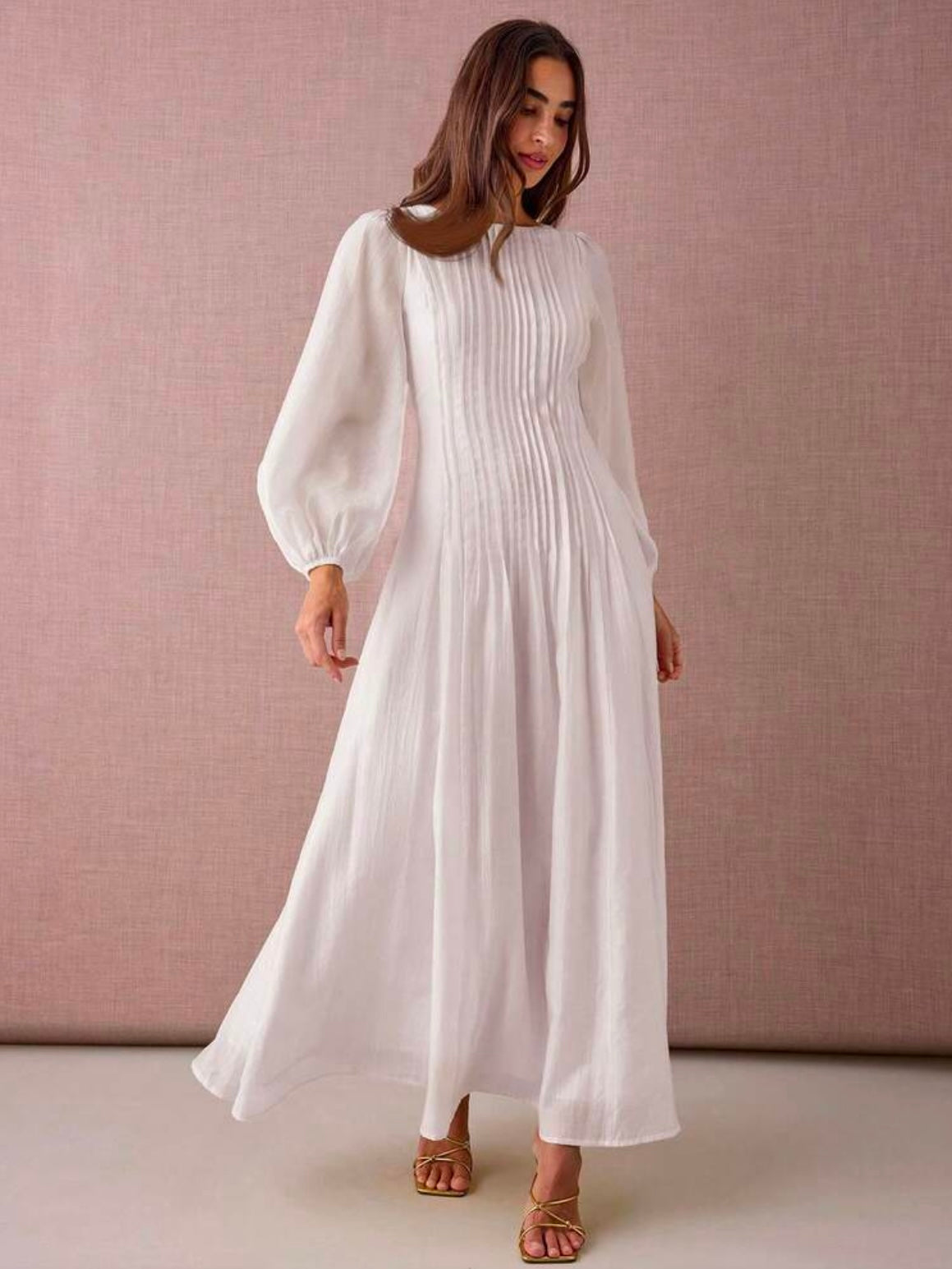 CM-DS929272 Women Elegant Seoul Style Round Neck Lantern Sleeve Pleated Design A-Line Maxi Dress - White