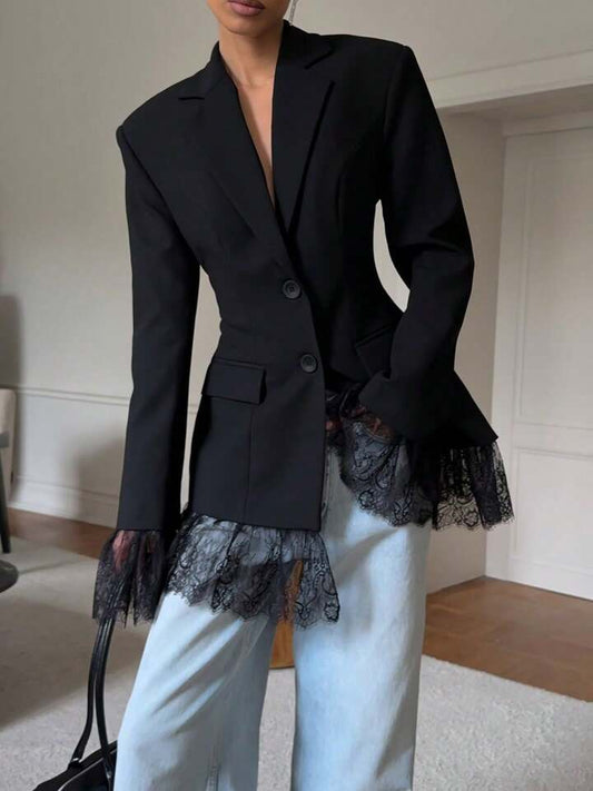 CM-CS055860 Women Elegant Seoul Style Solid Color Pocket Lace Patchwork Button Waist Blazer Jacket - Black