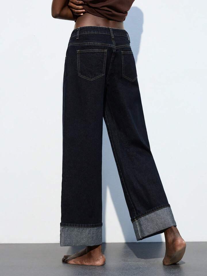 CM-BS881616 Women Casual Seoul Style Dark Wash Straight Leg 7/8 High Waist Loose Fit Denim Pants
