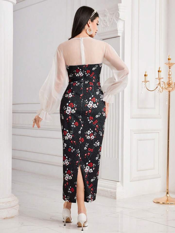 CM-DS562668 Women Elegant Seoul Style Floral Printed Mesh Patchwork Long Sleeve Dress