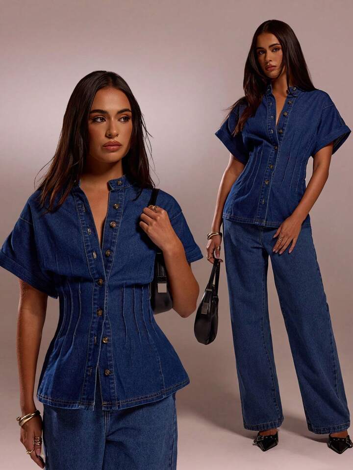 CM-TS897693 Women Casual Seoul Style Collar Neckline Short Sleeve Single-Breasted Loose Denim Top - Blue