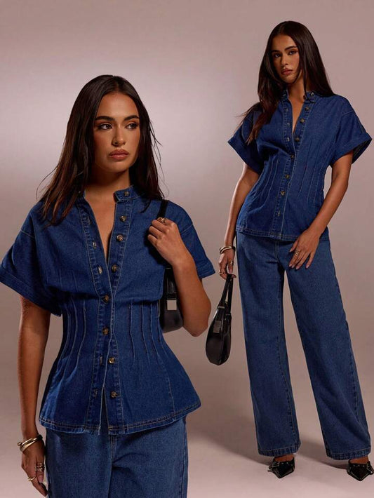 CM-TS897693 Women Casual Seoul Style Collar Neckline Short Sleeve Single-Breasted Loose Denim Top - Blue