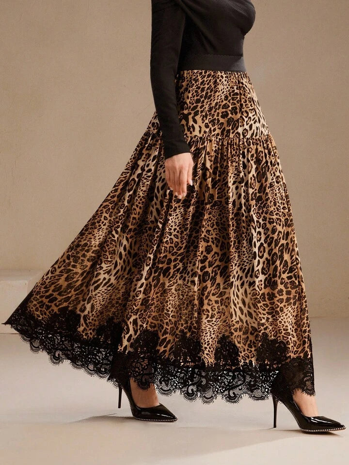 CM-BS944884 Women Elegant Seoul Style Leopard Print Patchwork Lace Elastic Waist A-Line Maxi Skirt