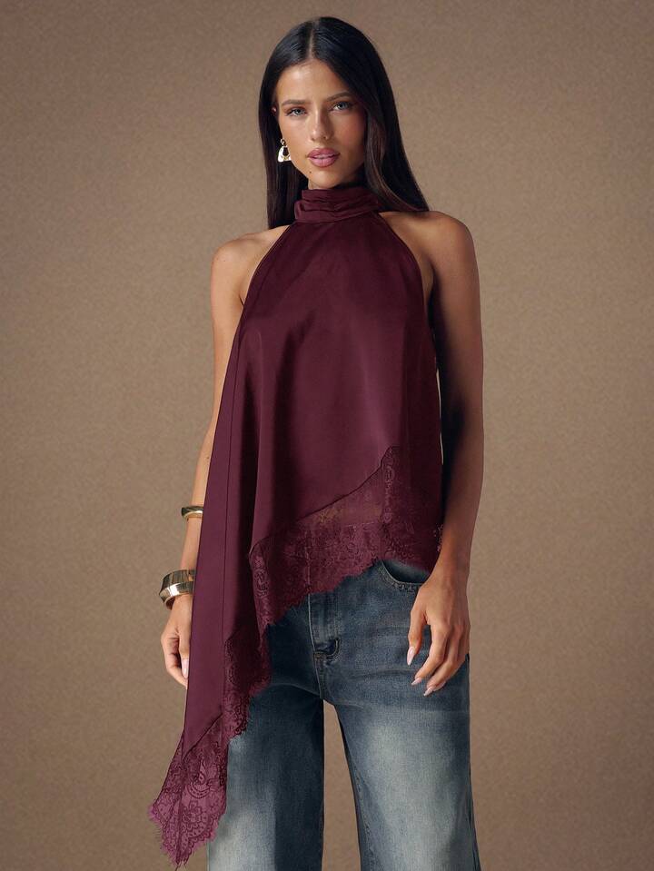 CM-TS449930 Women Elegant Seoul Style Lace Satin Patchwork Sleeveless Trim Backless Camisole Top - Maroon