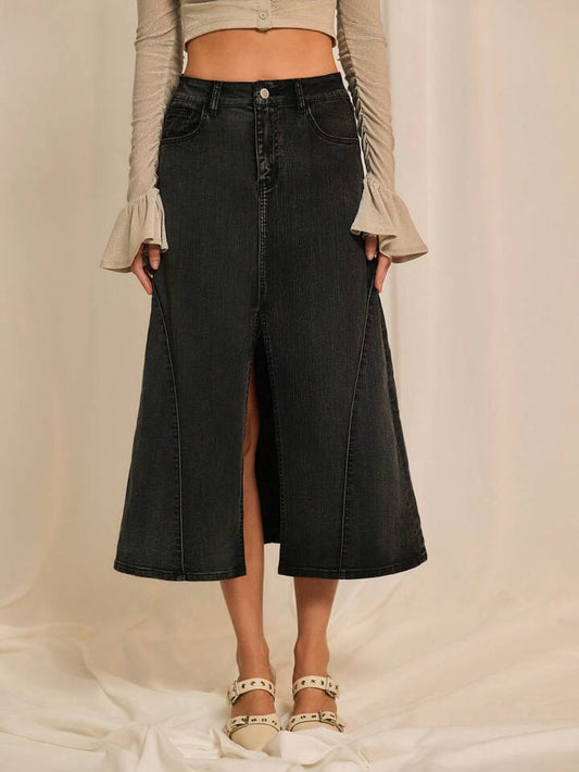 CM-BS350688 Women Casual Seoul Style Drop Waist A-Line Denim Skirt - Black