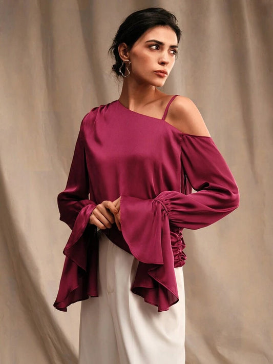 CM-TS037424 Women Casual Seoul Style Open Shoulder Flared Long-Sleeved Shirt