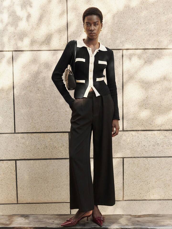 CM-CS183691 Women Casual Seoul Style Collar Neckline Long Sleeve Colorblock Knitted Sweater - Black