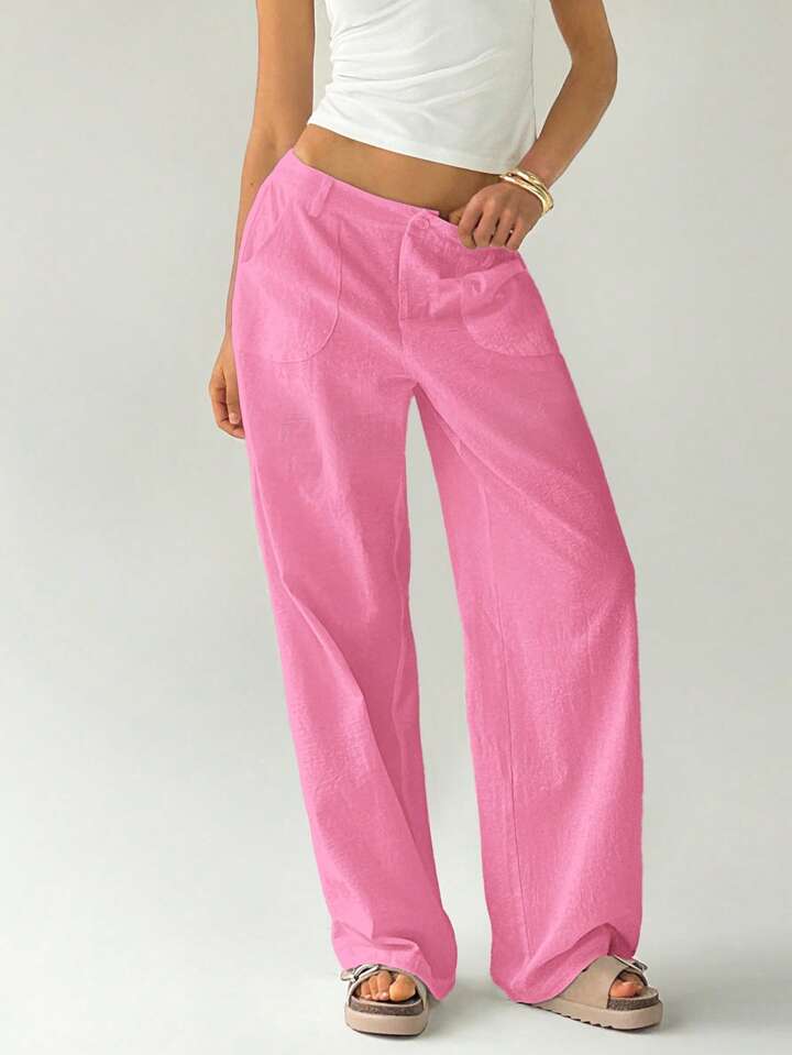 CM-BS234797 Women Casual Seoul Style Solid Color Low Waist Loose Straight Leg Pants - Pink