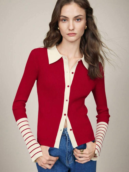 CM-CS006001 Women Casual Seoul Style Striped Long Sleeve Button-Up Rib Knit Sweater - Red