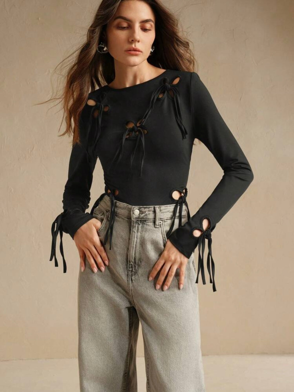 CM-TS190703 Women Casual Seoul Style Elastic Hollow Out Twist Long Sleeve T-Shirt - Black