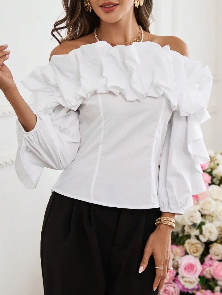CM-TS435043 Women Elegant Seoul Style Off The Shoulder Exaggerated Ruffle Hem Shirt