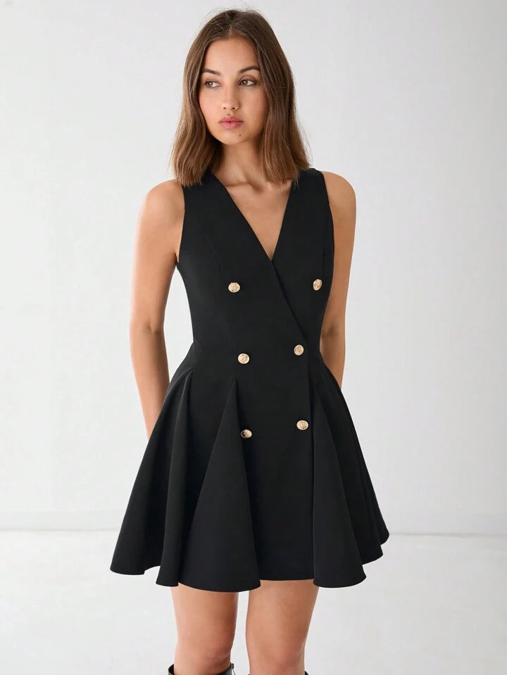 CM-DS860933 Women Elegant Seoul Style V-Neck Front Button Sleeveless A-Line Mini Dress - Black