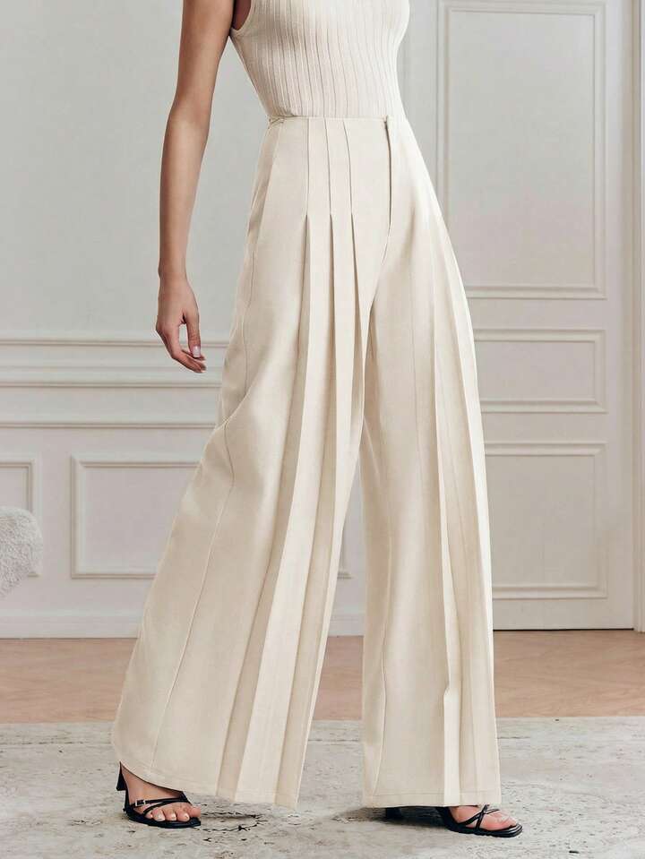 CM-BS083004 Women Elegant Seoul Style High Waist Loose Draping Wide Leg Pants - Apricot