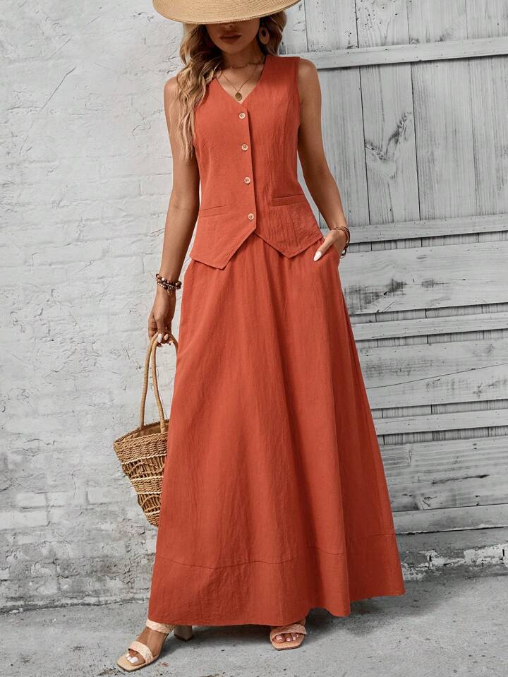 CM-SS653619 Women Trendy Bohemian Style Solid Color V-Neck Sleeveless Vest With Long Skirt - Set