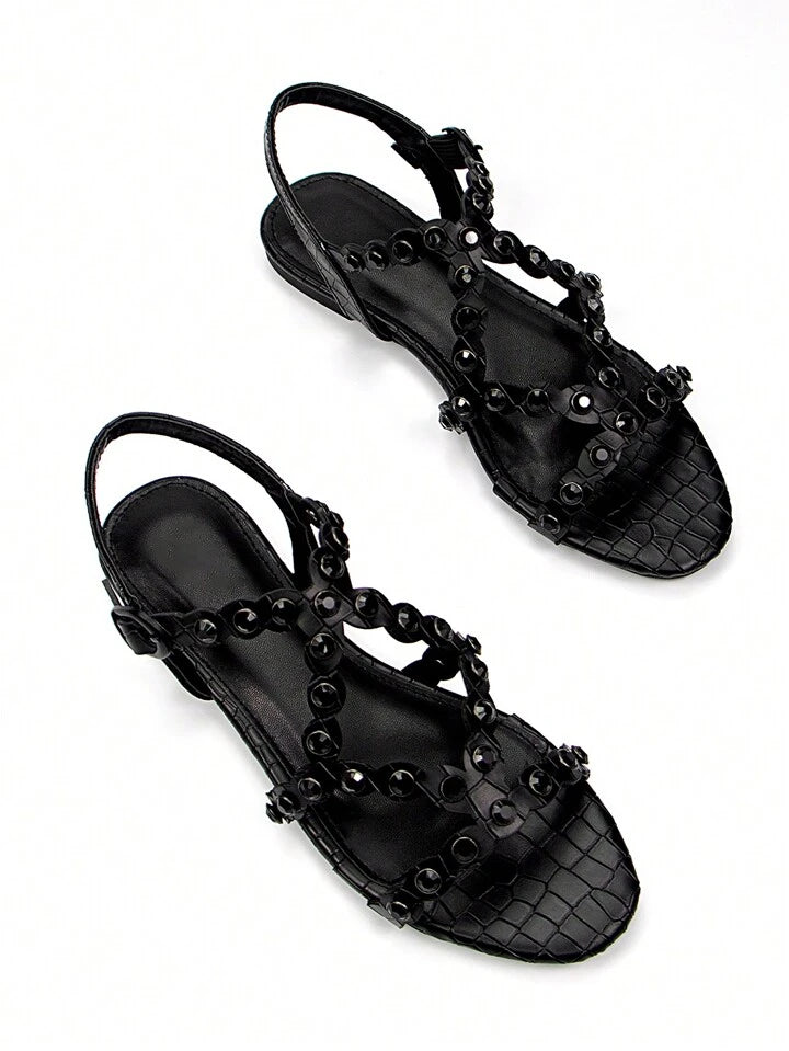 CM-SHS499870 Women Trendy Seoul Style Rhinestone Decor Hollow Embossed Round Toe Slingback Flat Sandals