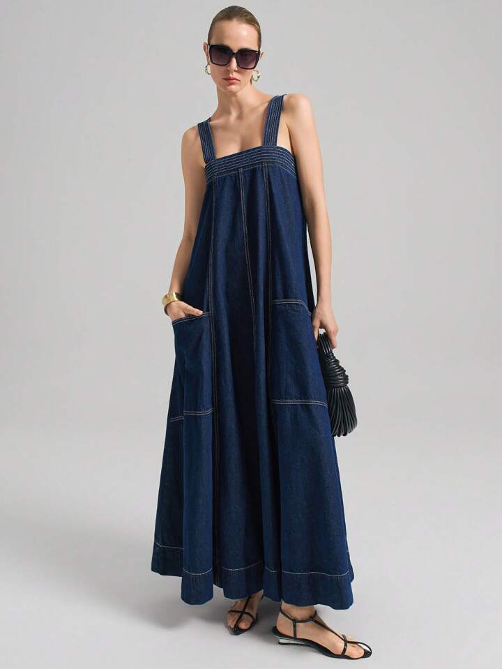 CM-DS471843 Women Casual Seoul Style Dark Wash Thick Strap Backless Loose Denim Dress