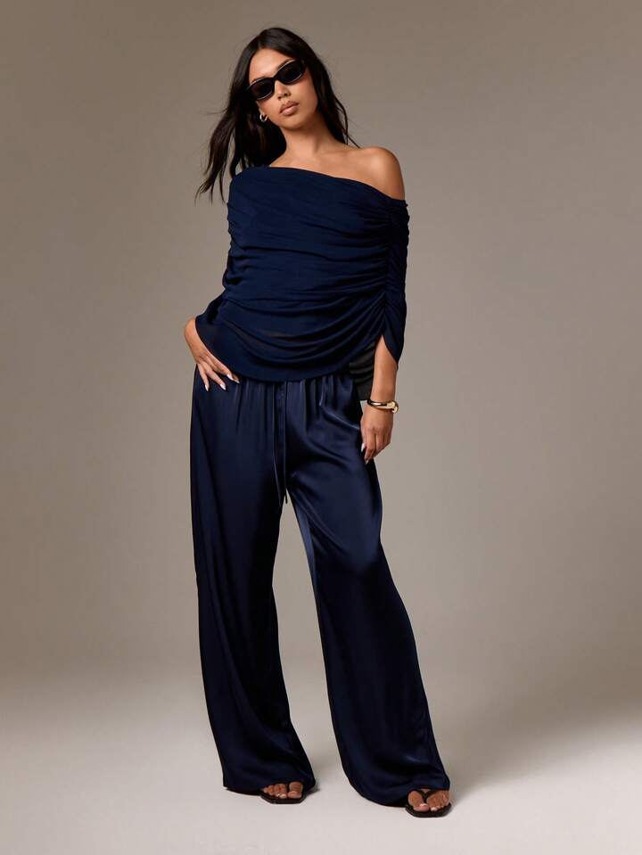 CM-TS377103 Women Elegant Seoul Style Off Shoulder Ruched Draped Long Sleeve Blouse - Navy Blue