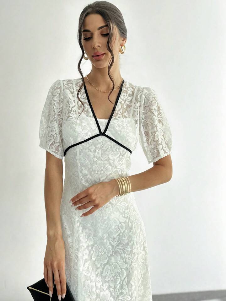 CM-DS334369 Women Elegant Seoul Style Contrast Color Deep V-Neck Short Sleeve Lace A-Line Dress