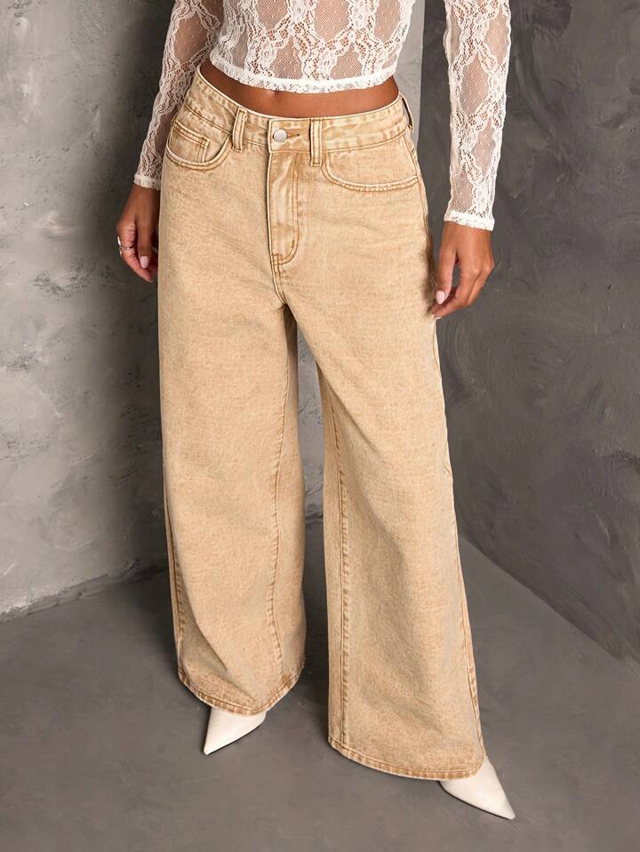 CM-BS594284 Women Casual Seouol Style Extra Long Loose Wide Leg Denim Jeans - Khaki