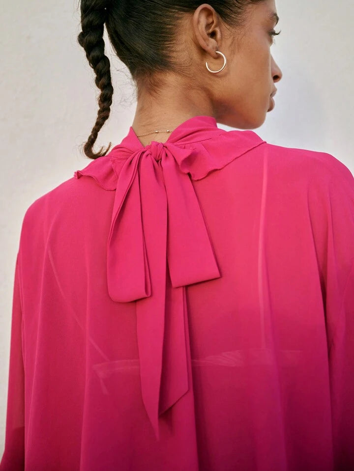 CM-TS583554 Women Trendy Bohemian Style Stand Collar Loose Fit Ruffle Trim Long Sleeve Shirt - Hot Pink
