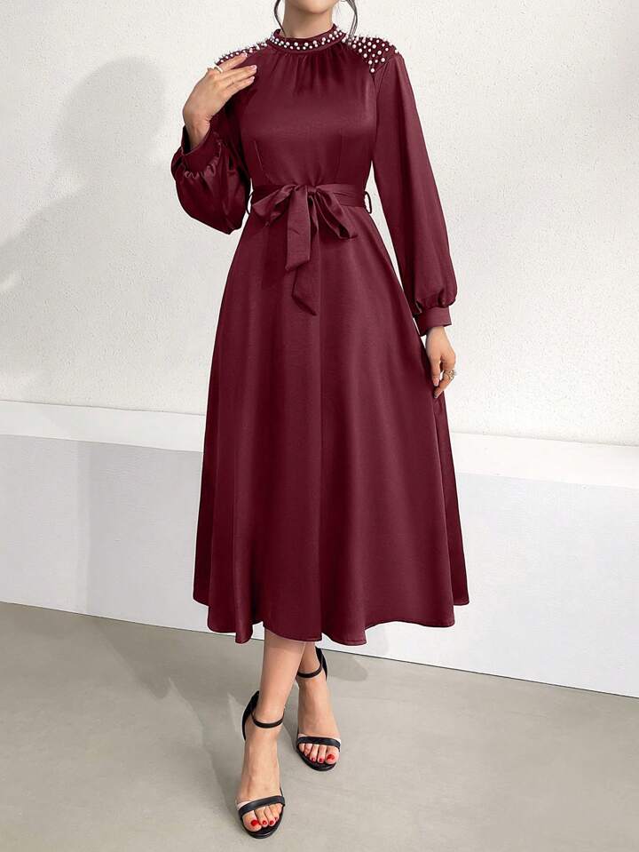 CM-DS111191 Women Elegant SeouL Style Stand Collar Faux Pearl Decor Lantern Sleeve Long Dress