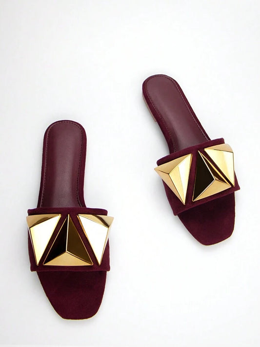 CM-SHS884052 Women Elegant Seoul Style Metallic Studded Decor Slide Sandals - Burgundy