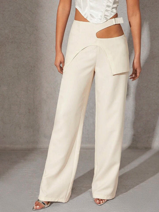 CM-BS892666 Women Casual Seoul Style Buckle Cut Out Overlay Wide Pants