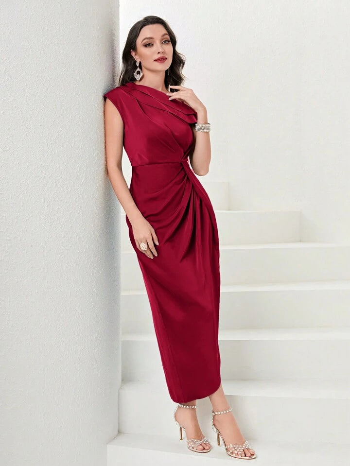 CM-DS660632 Women Elegant Seoul Style Asymmetric Neckline Waist-Cinched Ruffle Hem Dress