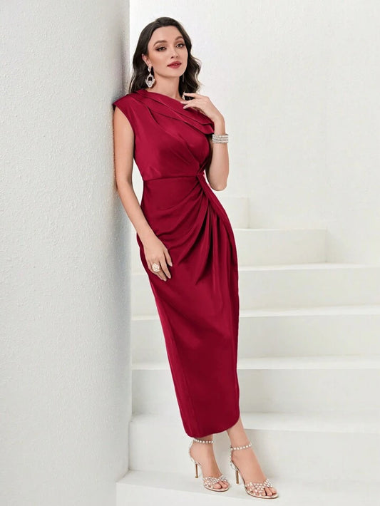 CM-DS660632 Women Elegant Seoul Style Asymmetric Neckline Waist-Cinched Ruffle Hem Dress