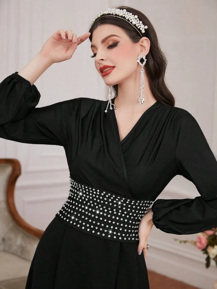 CM-DS472488 Women Elegant Seoul Style Rhinestone Decorated Lantern Sleeve Dress - Black