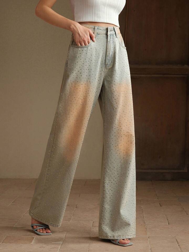 CM-BS298931 Women Casual Seoul Style Mid Waist Rhinestone Decor Floor-Length Denim Pants - Blue