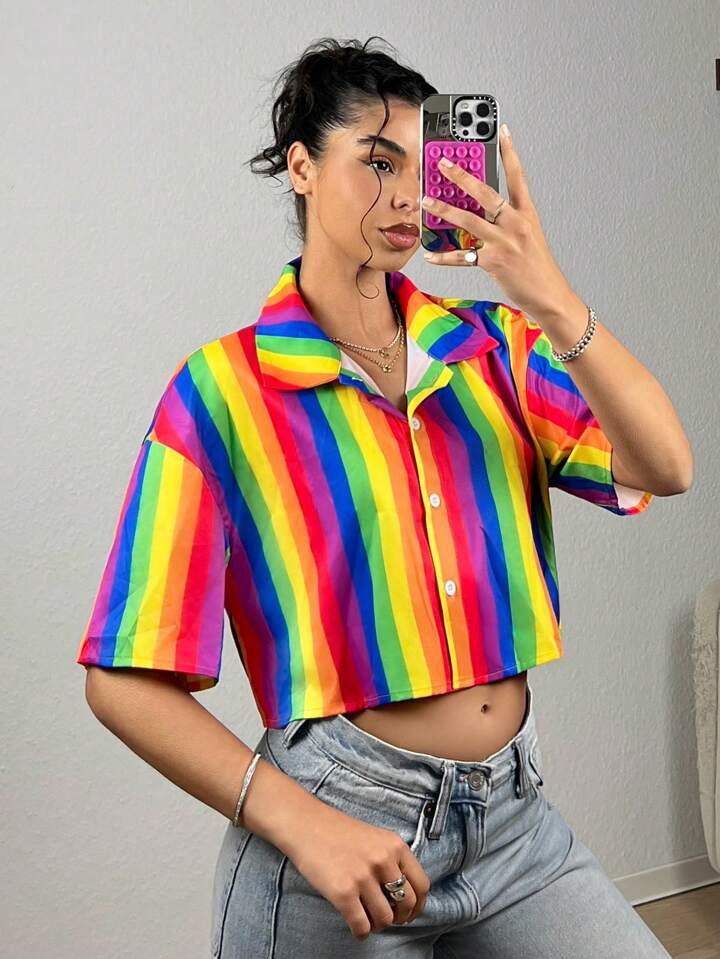 CM-TS108686 Women Casual Seoul Style Rainbow Striped Drop-Shoulder Short Sleeve Shirt