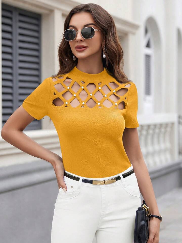 CM-TS145471 Women Casual Seoul Style High-Necked Hollow Out Short Sleeve T-Shirt - Yellow