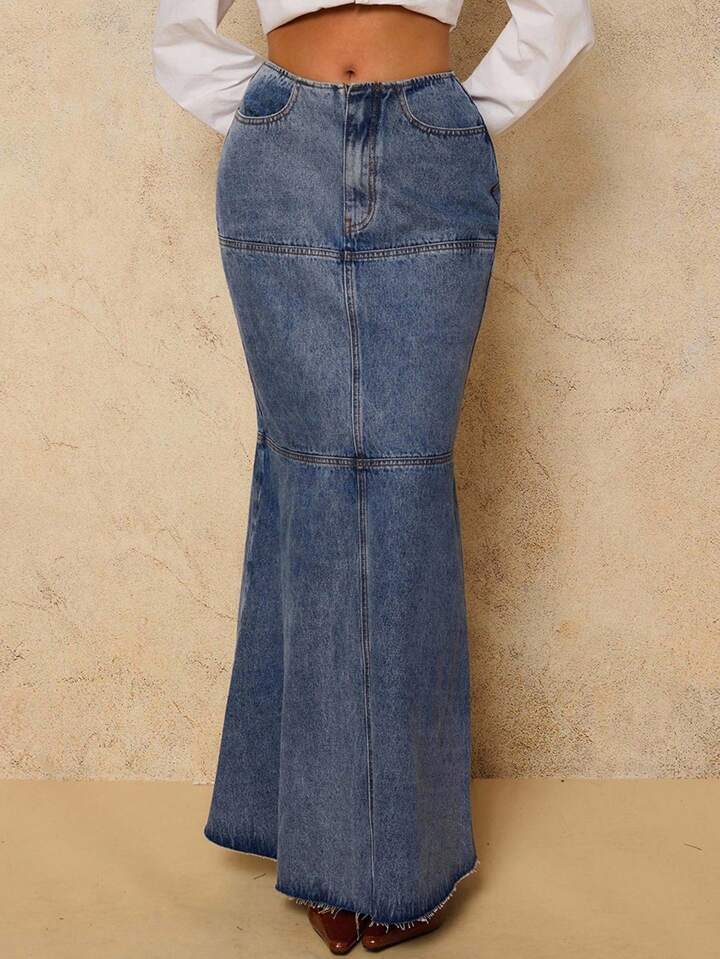 CM-BS139511 Women Casual Seoul Style Dark Wash High Waist Mermaid Hem A-Line Maxi Denim Skirt