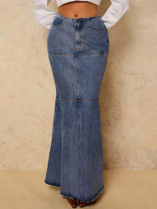 CM-BS139511 Women Casual Seoul Style Dark Wash High Waist Mermaid Hem A-Line Maxi Denim Skirt