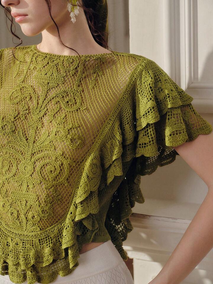 CM-TS299668 Women Elegant Seoul Style Round Neck Sleeveless Elastic Ruffled Hem Cropped Top - Green
