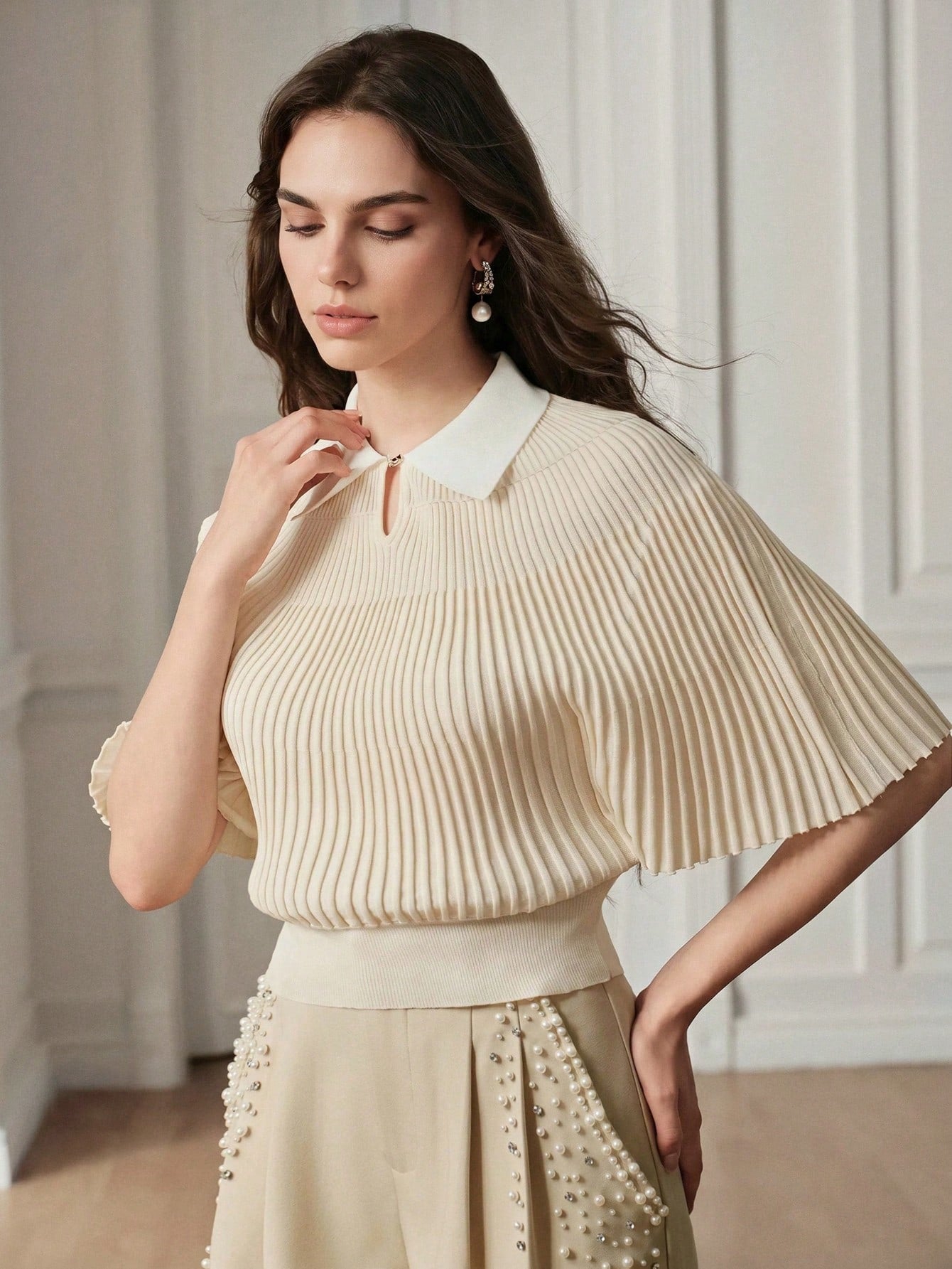 CM-TS412715 Women Elegant Seoul Style Collar Neckline Knit Short Sleeve Pleated Top - Light Yellow