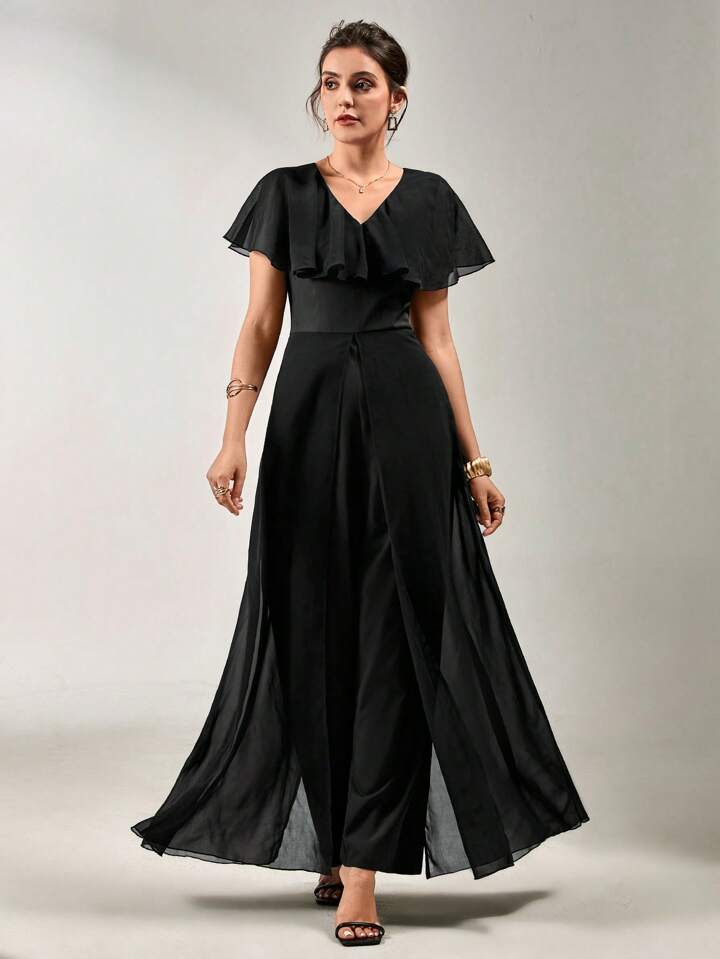 CM-JS857936 Women Elegant Seoul Style V-Neck Flounce Sleeve Ruffled Chiffon Jumpsuit - Black