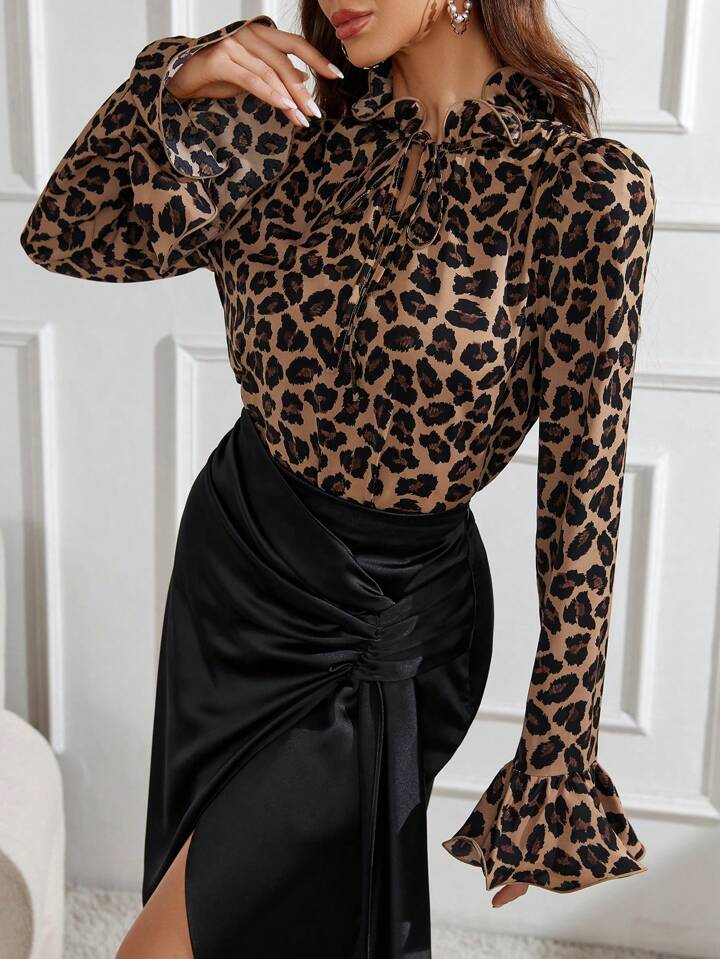 CM-TS298653 Women Casual Seoul Style Stand Collar Print Long Sleeve Frill Detail Blouse