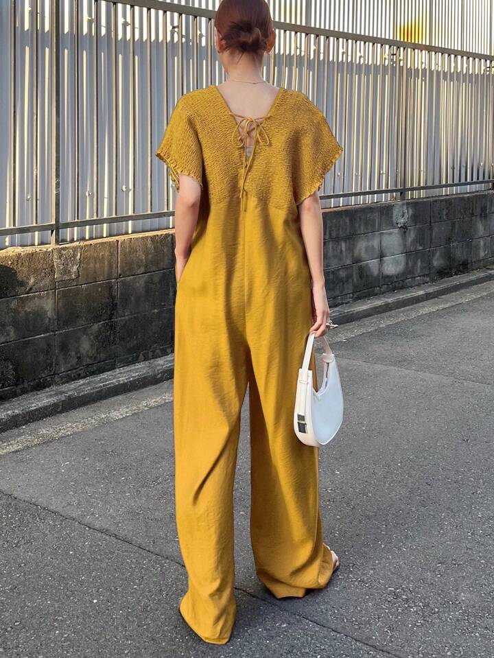 CM-JS619411 Women Trendy Bohemian Style V-Neck With Drawstring Jumpsuit Trousers - Yellow